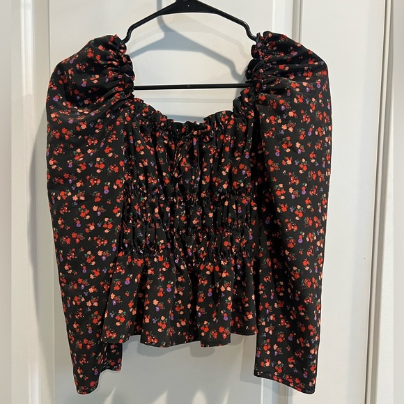 Topshop Red Smocked Long Sleeve Blouse 4 - Picture 1 of 5